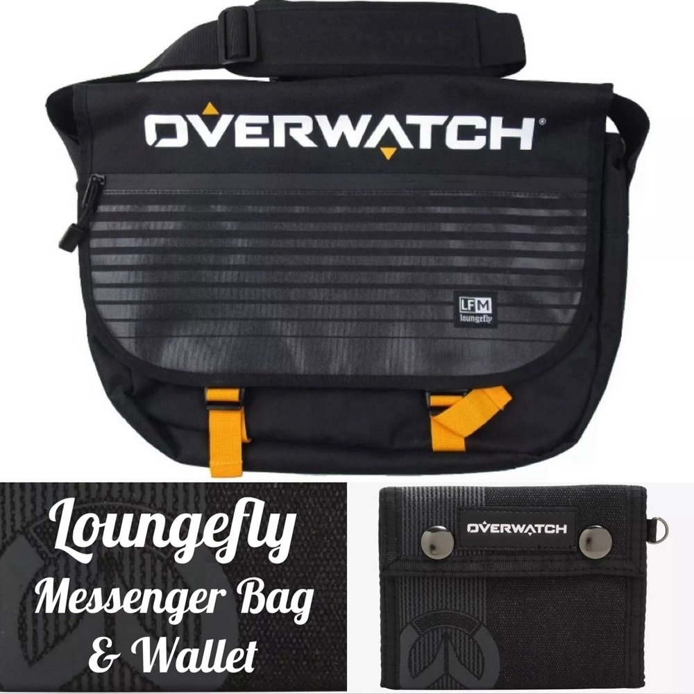 LOUNGEFLY OVERWATCH LOGO MESSENGER BAG & OVERWATCH LOGO SNAP WALLET! Black NWT